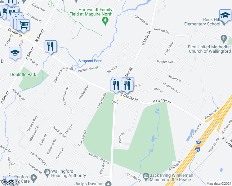 map of restaurants, bars, coffee shops, grocery stores, and more near 650 East Center Street in Wallingford