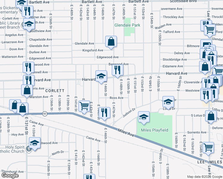 map of restaurants, bars, coffee shops, grocery stores, and more near 4096 East 147th Street in Cleveland