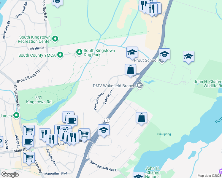 map of restaurants, bars, coffee shops, grocery stores, and more near 61 Camden Court in South Kingstown