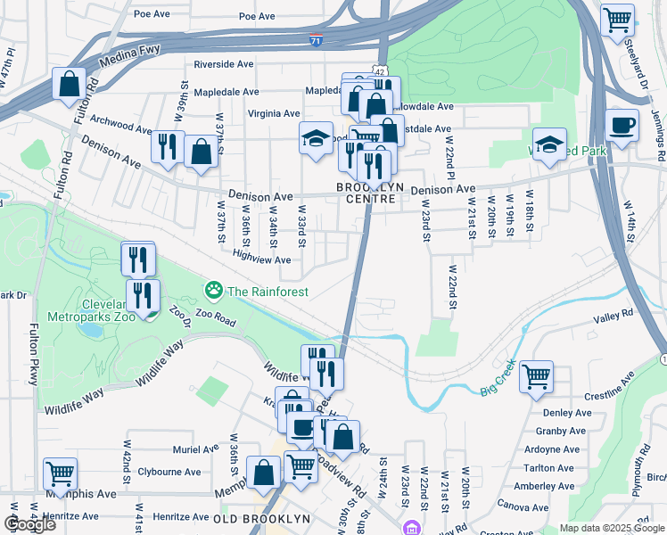 map of restaurants, bars, coffee shops, grocery stores, and more near 3109 Louisiana Avenue in Cleveland