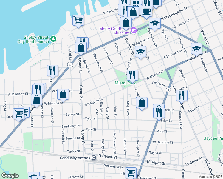 map of restaurants, bars, coffee shops, grocery stores, and more near 622 McDonough Street in Sandusky