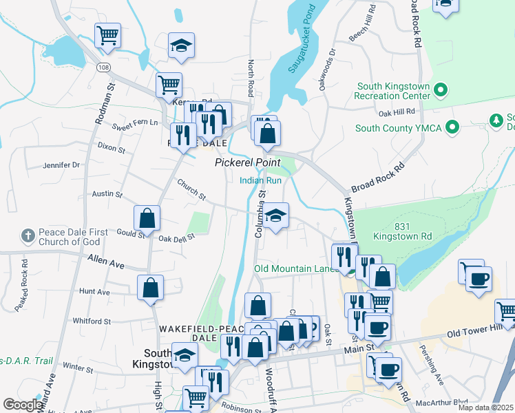 map of restaurants, bars, coffee shops, grocery stores, and more near 264 Columbia Street in South Kingstown