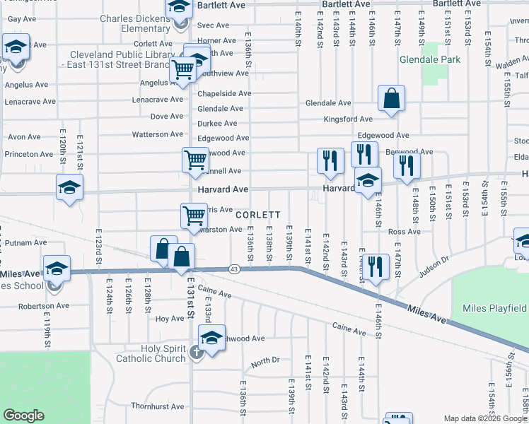 map of restaurants, bars, coffee shops, grocery stores, and more near in Cleveland