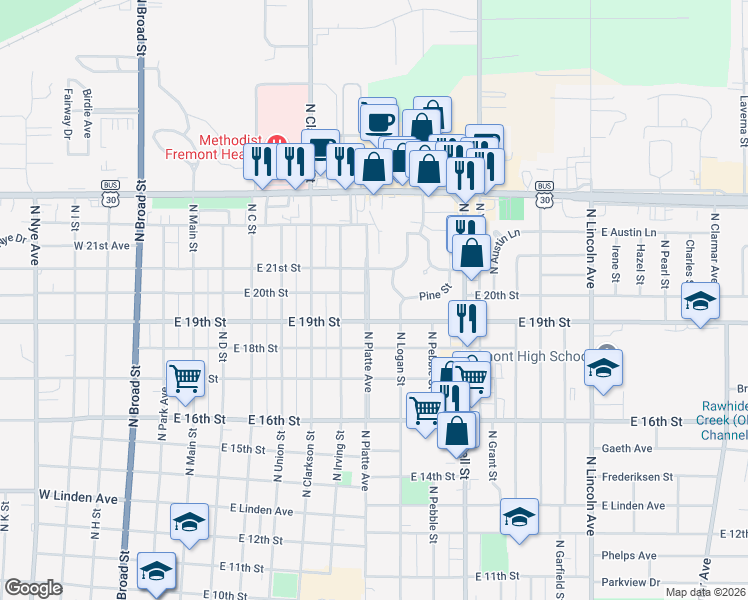 map of restaurants, bars, coffee shops, grocery stores, and more near 1940 North Platte Avenue in Fremont