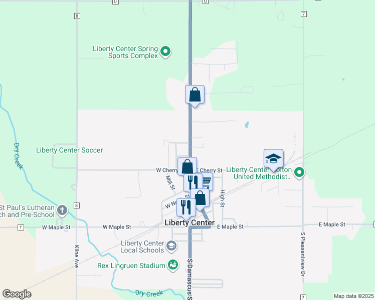 map of restaurants, bars, coffee shops, grocery stores, and more near 603 East Street in Liberty Center
