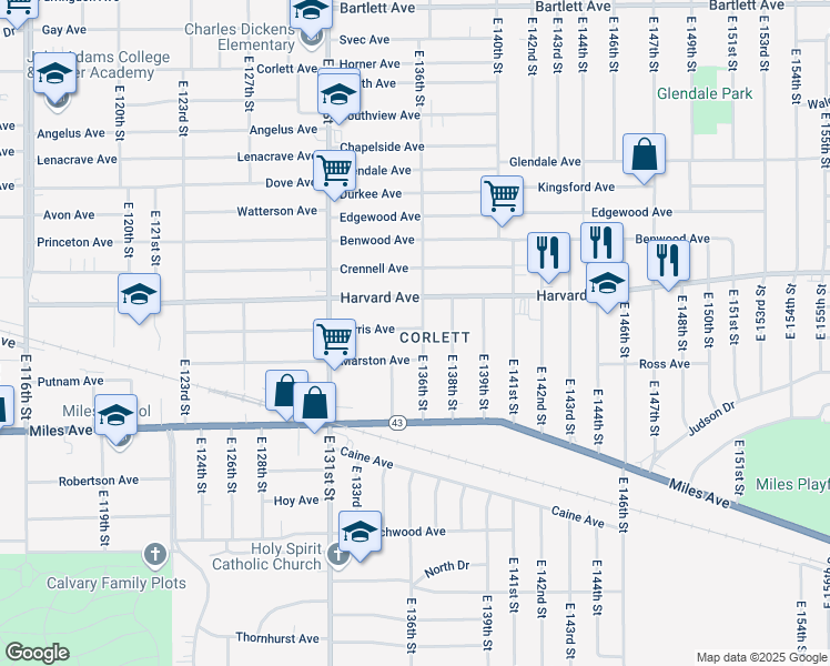 map of restaurants, bars, coffee shops, grocery stores, and more near 4086 East 136th Street in Cleveland