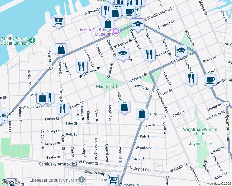 map of restaurants, bars, coffee shops, grocery stores, and more near 803 Fulton Street in Sandusky
