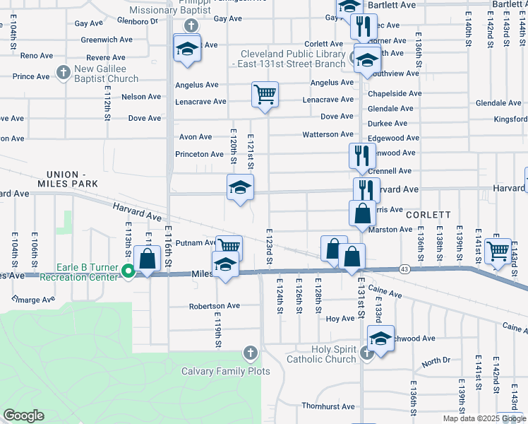 map of restaurants, bars, coffee shops, grocery stores, and more near 4080 E 123rd St in Cleveland