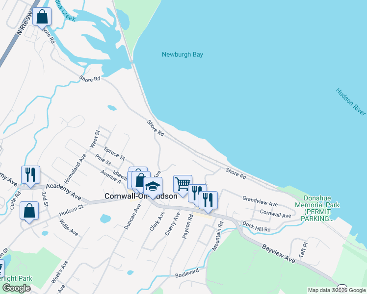 map of restaurants, bars, coffee shops, grocery stores, and more near Shore Road in CORNWALL HDSN