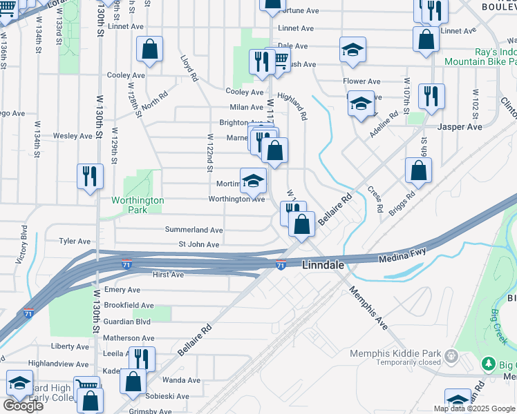 map of restaurants, bars, coffee shops, grocery stores, and more near 11801 Worthington Avenue in Cleveland