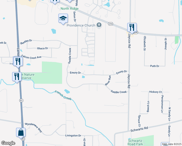 map of restaurants, bars, coffee shops, grocery stores, and more near 2838 Kettering Court in Avon