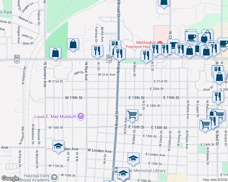 map of restaurants, bars, coffee shops, grocery stores, and more near 215 West 20th Street in Fremont