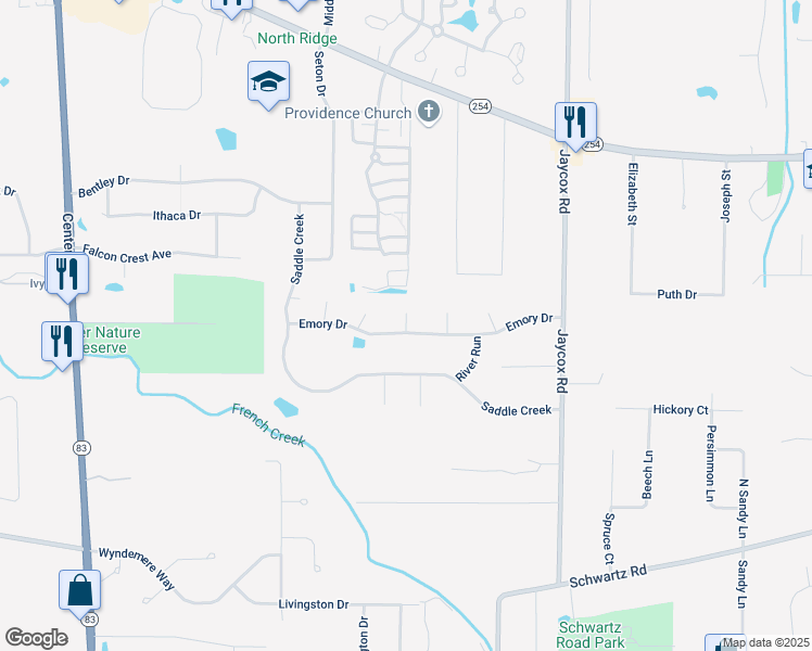 map of restaurants, bars, coffee shops, grocery stores, and more near 2838 Kettering Ct in Avon