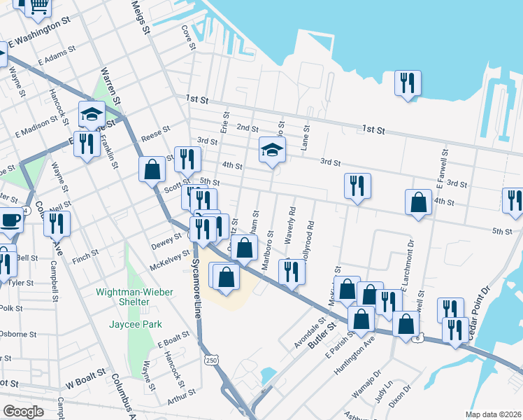 map of restaurants, bars, coffee shops, grocery stores, and more near 1118 Buckingham Street in Sandusky