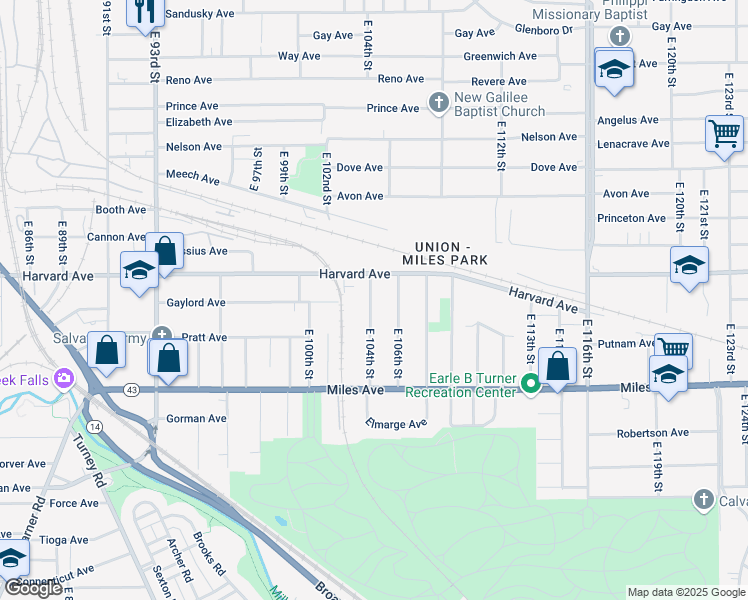 map of restaurants, bars, coffee shops, grocery stores, and more near 4079 Miles Avenue in Cleveland