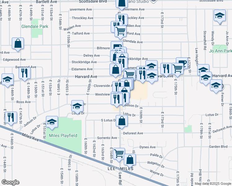 map of restaurants, bars, coffee shops, grocery stores, and more near 16417 Westview Avenue in Cleveland