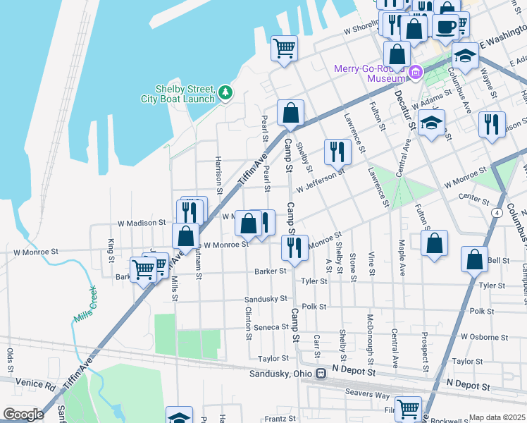 map of restaurants, bars, coffee shops, grocery stores, and more near 533 Pearl Street in Sandusky