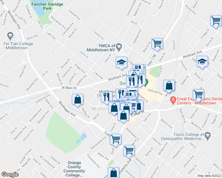 map of restaurants, bars, coffee shops, grocery stores, and more near 34 Highland Avenue in Middletown