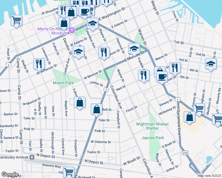 map of restaurants, bars, coffee shops, grocery stores, and more near 915 Columbus Avenue in Sandusky