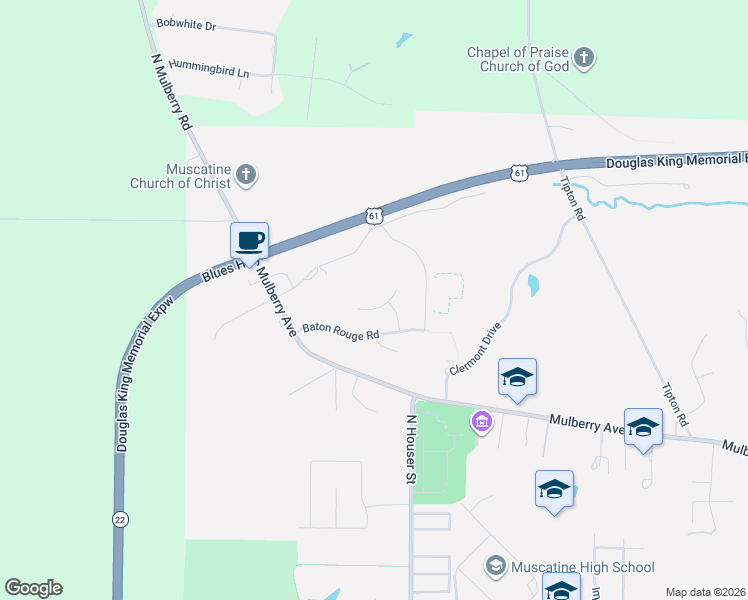 map of restaurants, bars, coffee shops, grocery stores, and more near 3317 Anastasia Pl in Muscatine