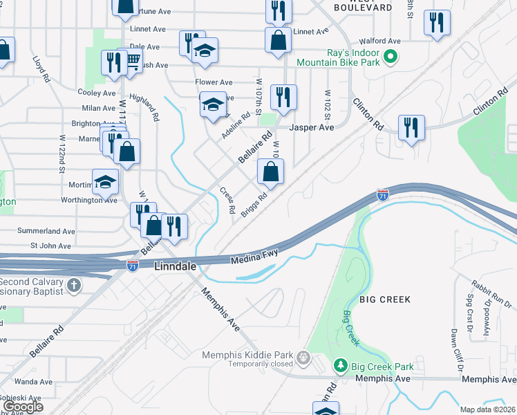 map of restaurants, bars, coffee shops, grocery stores, and more near 10721 Briggs Road in Cleveland