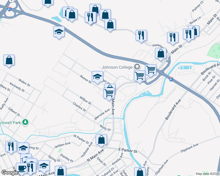 map of restaurants, bars, coffee shops, grocery stores, and more near 201 Augusta Avenue in Scranton