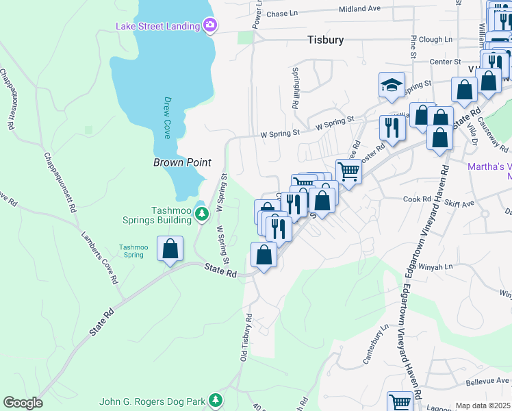 map of restaurants, bars, coffee shops, grocery stores, and more near 50 Lantern Lane in Tisbury