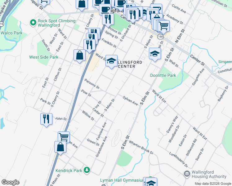 map of restaurants, bars, coffee shops, grocery stores, and more near 287 S Main St in Wallingford