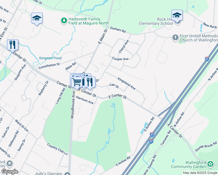 map of restaurants, bars, coffee shops, grocery stores, and more near 27 Carr Street in Wallingford