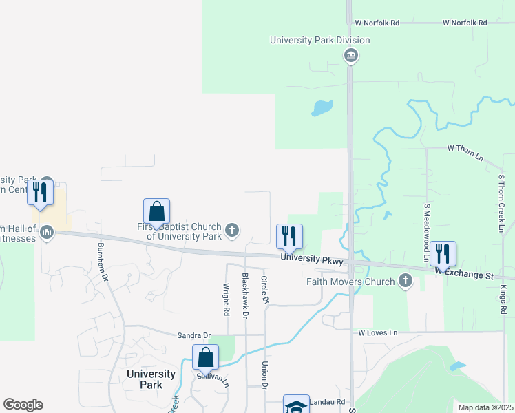 map of restaurants, bars, coffee shops, grocery stores, and more near 680 Cassandra Lane in University Park