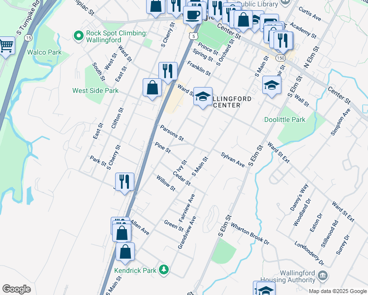 map of restaurants, bars, coffee shops, grocery stores, and more near 251 Ivy Street in Wallingford