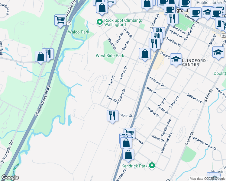 map of restaurants, bars, coffee shops, grocery stores, and more near 202 Clifton Street in Wallingford