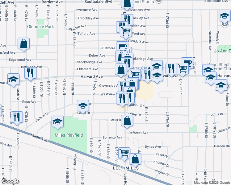 map of restaurants, bars, coffee shops, grocery stores, and more near 16417 Westview Avenue in Cleveland
