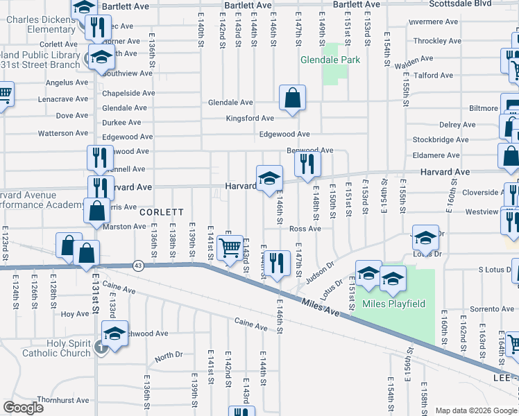 map of restaurants, bars, coffee shops, grocery stores, and more near 4084 East 144th Street in Cleveland