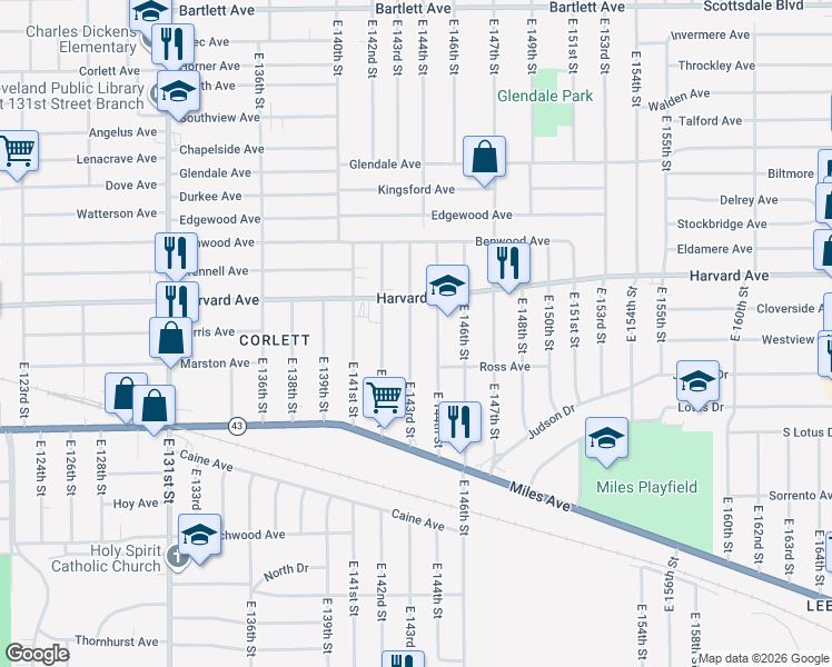 map of restaurants, bars, coffee shops, grocery stores, and more near 4086 East 143rd Street in Cleveland