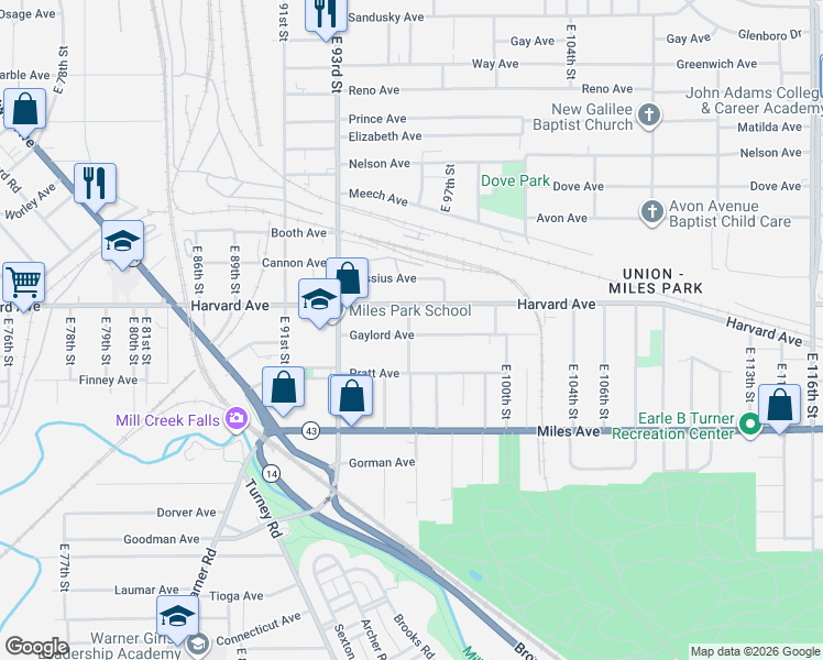 map of restaurants, bars, coffee shops, grocery stores, and more near 9515 Gaylord Avenue in Cleveland