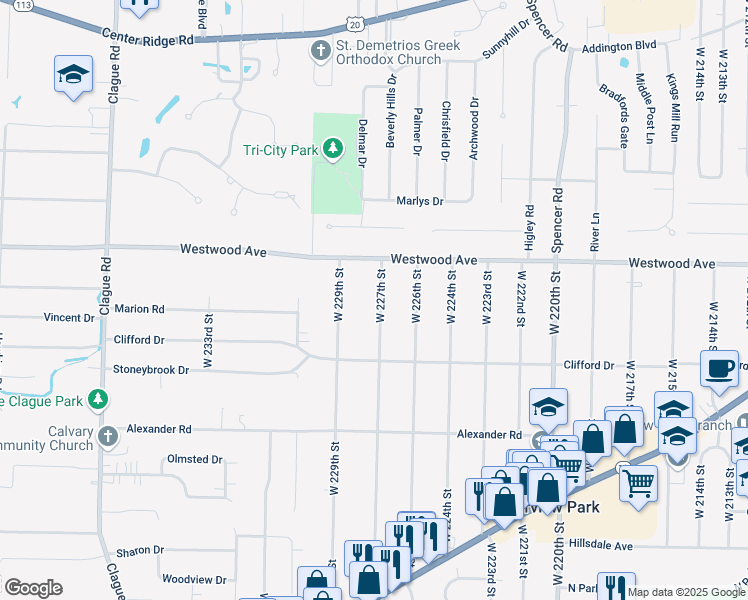 map of restaurants, bars, coffee shops, grocery stores, and more near 3889 West 227th Street in Fairview Park