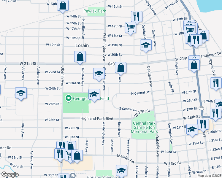 map of restaurants, bars, coffee shops, grocery stores, and more near 908 North Central Drive in Lorain
