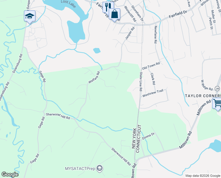 map of restaurants, bars, coffee shops, grocery stores, and more near 82 Welfare Road in Brewster