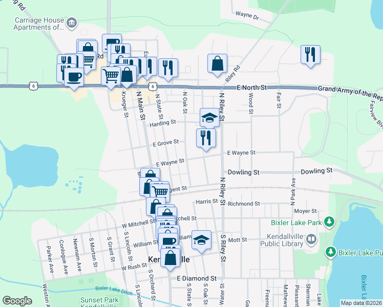 map of restaurants, bars, coffee shops, grocery stores, and more near 301 East Wayne Street in Kendallville