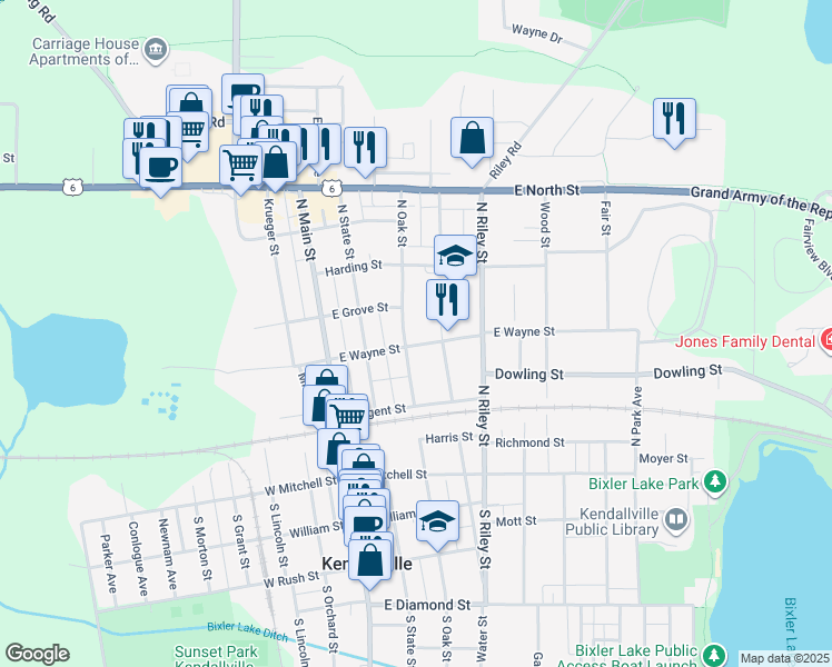 map of restaurants, bars, coffee shops, grocery stores, and more near 301 East Wayne Street in Kendallville