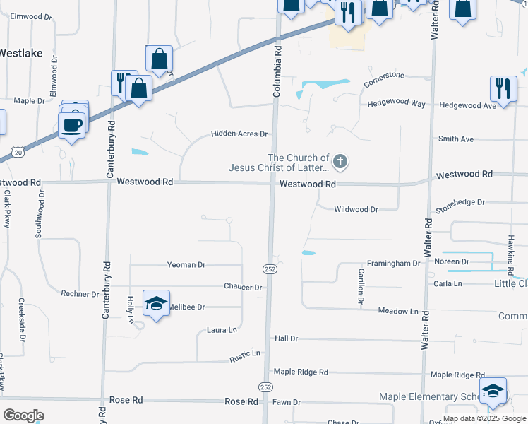 map of restaurants, bars, coffee shops, grocery stores, and more near 2762 Columbia Road in Westlake