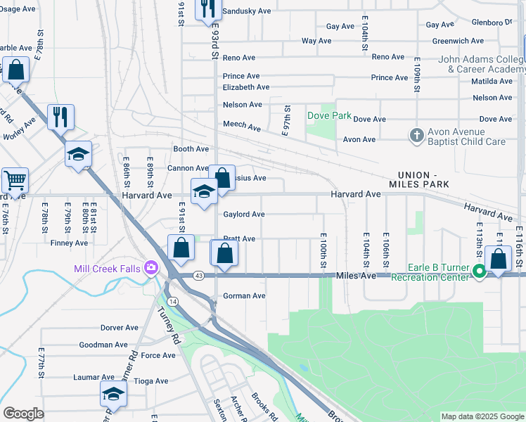 map of restaurants, bars, coffee shops, grocery stores, and more near 9515 Gaylord Avenue in Cleveland