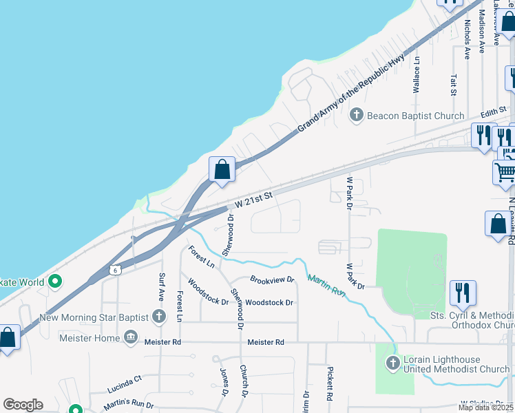 map of restaurants, bars, coffee shops, grocery stores, and more near 3820 North Hogan Drive in Lorain