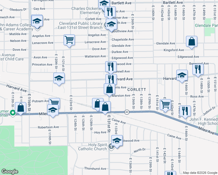 map of restaurants, bars, coffee shops, grocery stores, and more near Ferris Ave & E 131st St in Cleveland