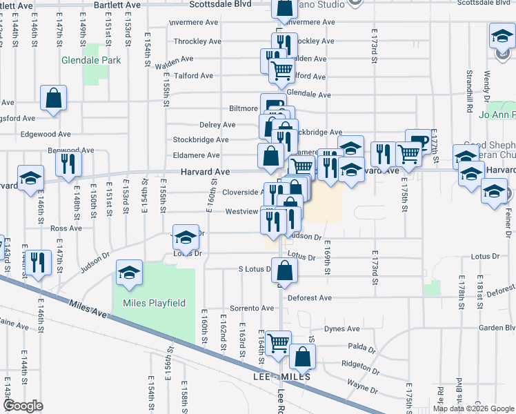 map of restaurants, bars, coffee shops, grocery stores, and more near 16417 Westview Avenue in Cleveland
