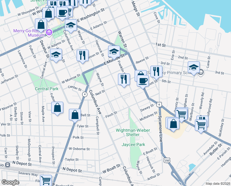 map of restaurants, bars, coffee shops, grocery stores, and more near 217a Scott Street in Sandusky