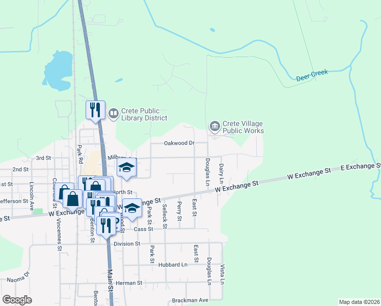 map of restaurants, bars, coffee shops, grocery stores, and more near 325 Milburn Avenue in Crete