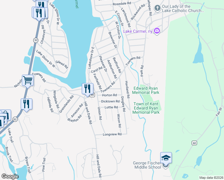 map of restaurants, bars, coffee shops, grocery stores, and more near 6 Dellacona Road in Carmel Hamlet