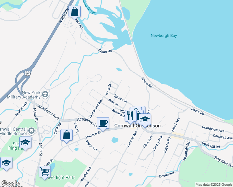 map of restaurants, bars, coffee shops, grocery stores, and more near 56 Spruce Street in Cornwall-on-Hudson